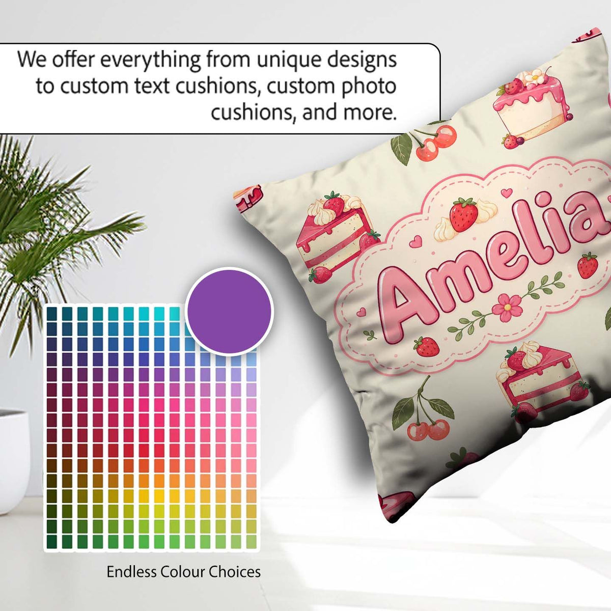 Custom Name Cute Strawberry Cake Cherry Dessert Seamless Pattern Square Filled Cushion Throw Pillow Sofa Bed Home Decor Zip Washable UK Made