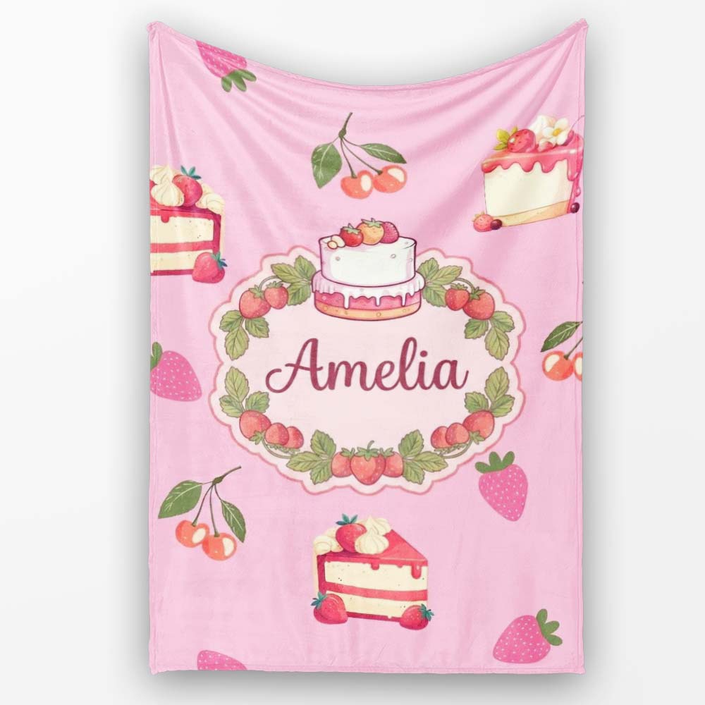 Cute Strawberry Cake Cherry Dessert Seamless Pattern Rose Pink Personalised Custom Name Super Soft Fleece Blanket Bed Sofa Throw
