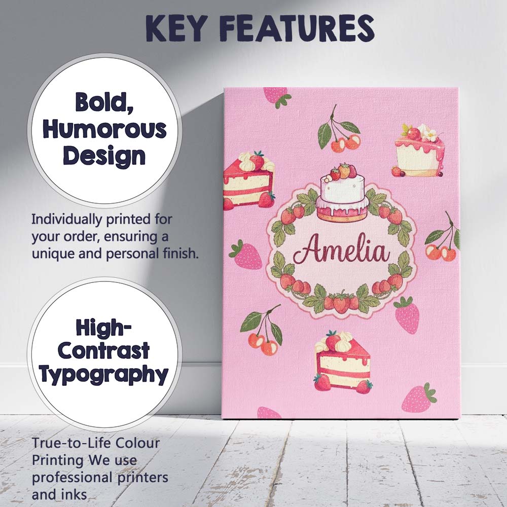 Personalised Name Cute Strawberry Cake Custom Modern Room Accent Elegant Feature Canvas Wall Art Print Decor Picture Ready to Hang