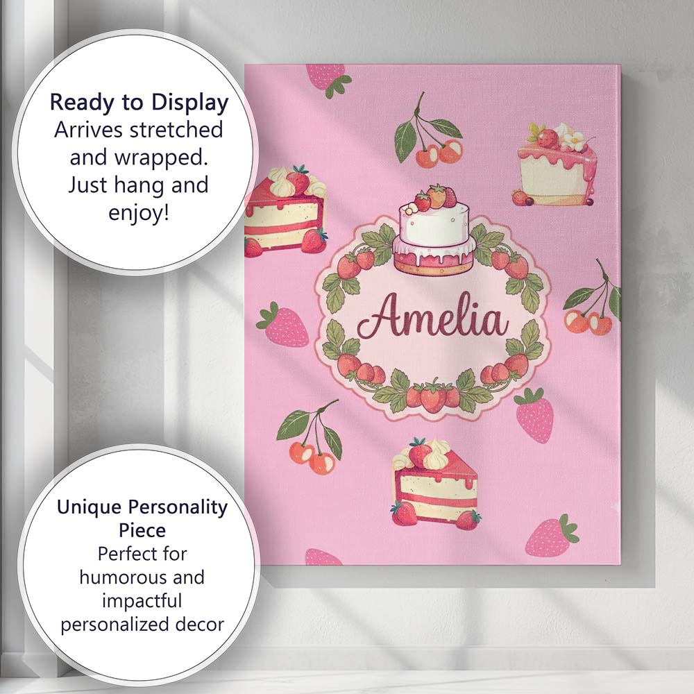 Personalised Name Cute Strawberry Cake Custom Modern Room Accent Elegant Feature Canvas Wall Art Print Decor Picture Ready to Hang