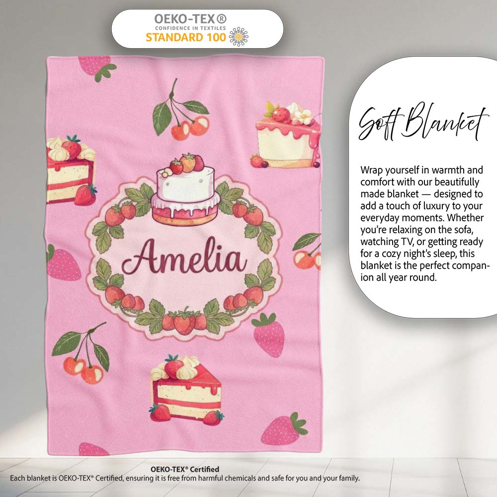 Cute Strawberry Cake Cherry Dessert Seamless Pattern Rose Pink Personalised Custom Name Super Soft Fleece Blanket Bed Sofa Throw