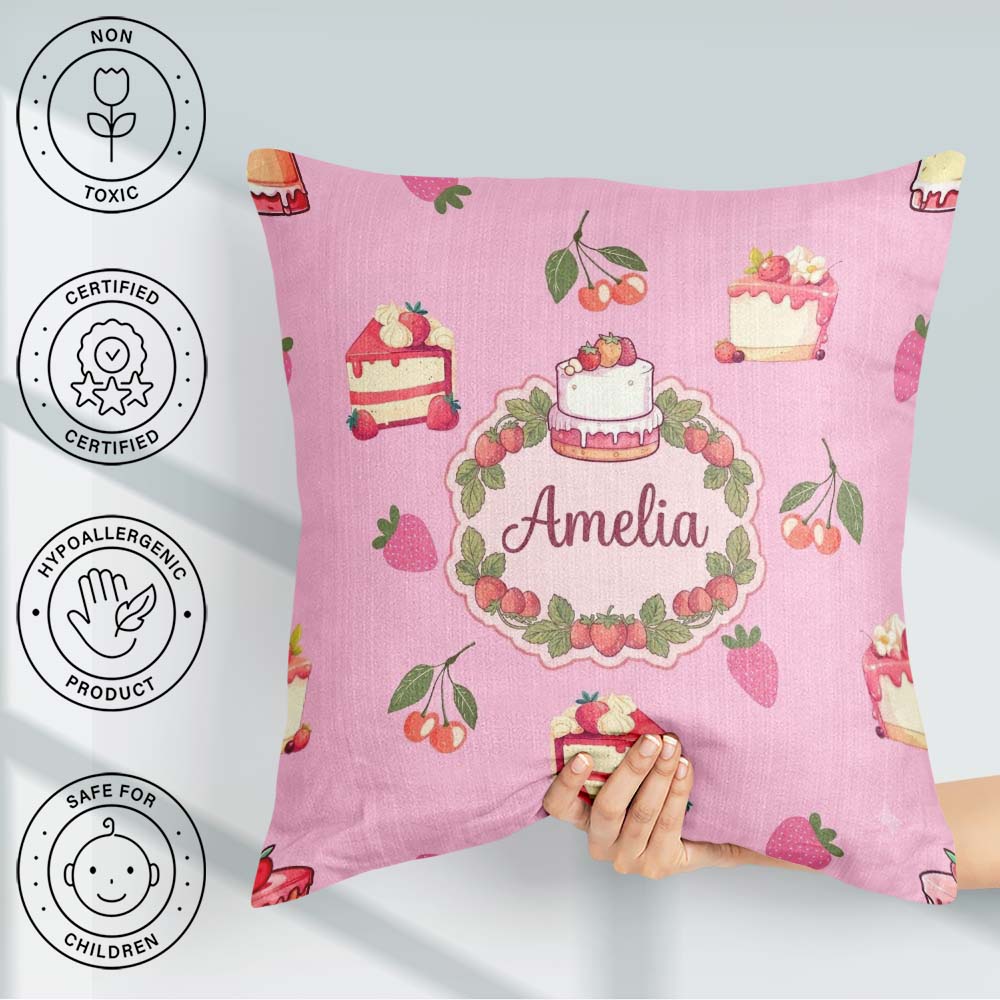 Custom Name Cute Cake Cherry Dessert Seamless Pattern Rose Pink Square Filled Cushion Throw Pillow Sofa Bed Home Decor Zip Washable UK Made