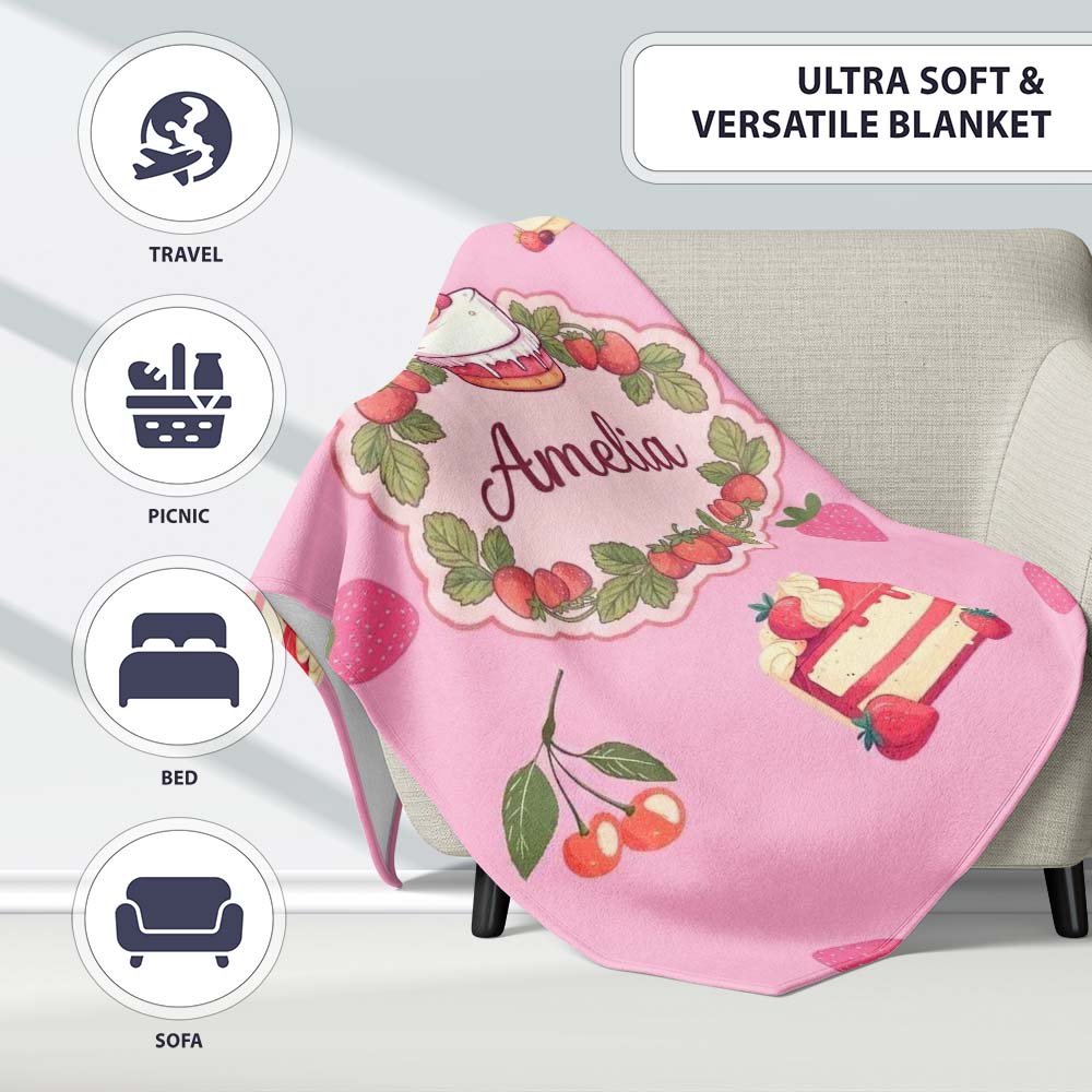 Cute Strawberry Cake Cherry Dessert Seamless Pattern Rose Pink Personalised Custom Name Super Soft Fleece Blanket Bed Sofa Throw