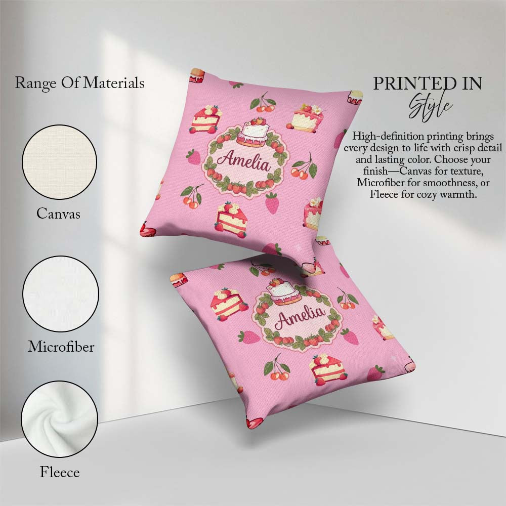 Custom Name Cute Cake Cherry Dessert Seamless Pattern Rose Pink Square Filled Cushion Throw Pillow Sofa Bed Home Decor Zip Washable UK Made