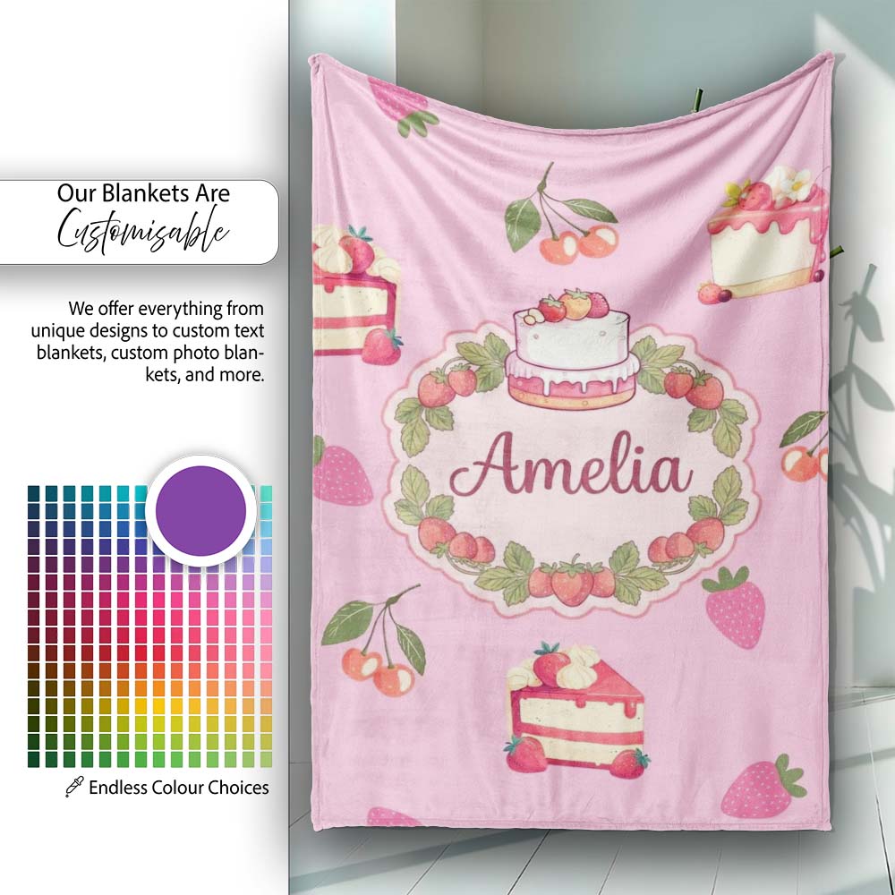 Cute Strawberry Cake Cherry Dessert Seamless Pattern Rose Pink Personalised Custom Name Super Soft Fleece Blanket Bed Sofa Throw