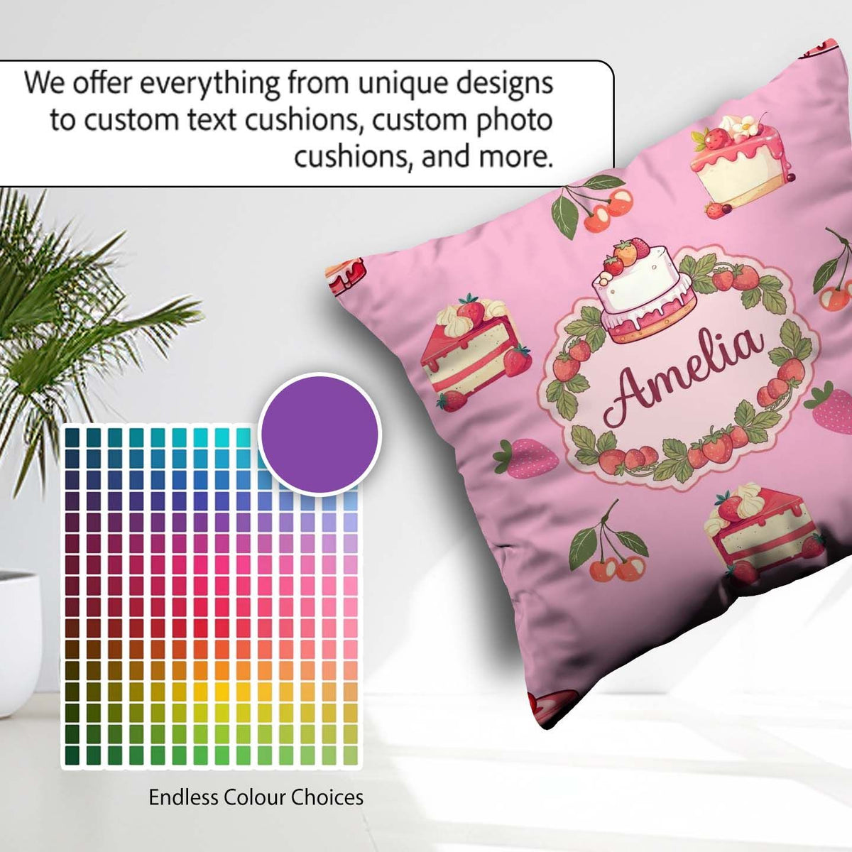 Custom Name Cute Cake Cherry Dessert Seamless Pattern Rose Pink Square Filled Cushion Throw Pillow Sofa Bed Home Decor Zip Washable UK Made