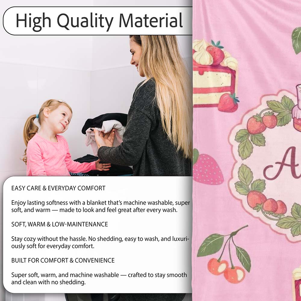 Cute Strawberry Cake Cherry Dessert Seamless Pattern Rose Pink Personalised Custom Name Super Soft Fleece Blanket Bed Sofa Throw