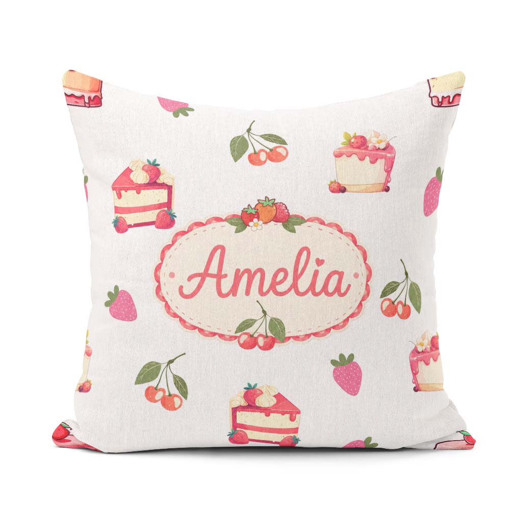 Custom Name Cute Cake Cherry Dessert Seamless Pattern Light Grey Square Filled Cushion Throw Pillow Sofa Bed Home Decor Zip Washable UK Made