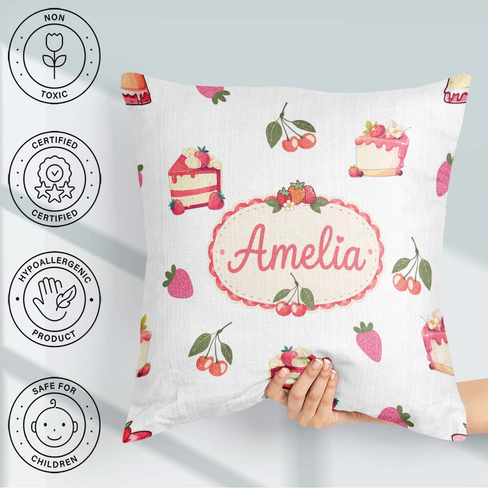Custom Name Cute Cake Cherry Dessert Seamless Pattern Light Grey Square Filled Cushion Throw Pillow Sofa Bed Home Decor Zip Washable UK Made