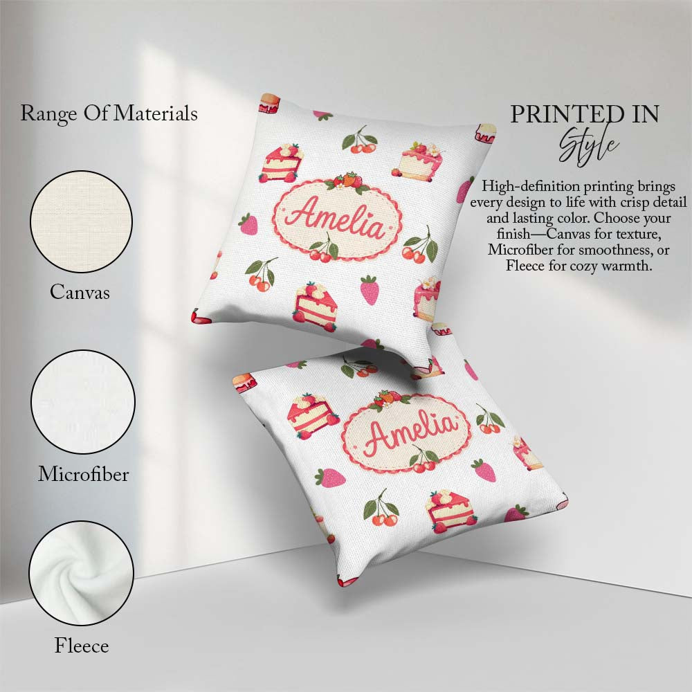 Custom Name Cute Cake Cherry Dessert Seamless Pattern Light Grey Square Filled Cushion Throw Pillow Sofa Bed Home Decor Zip Washable UK Made