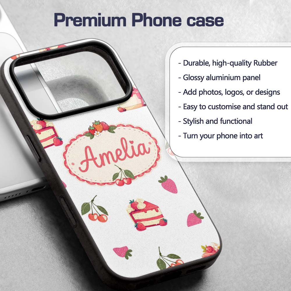 Cute Strawberry Cake Cherry Dessert Seamless Custom Name Protective Phone Case Mobile Cover Durable Everyday Smartphone Shock Resistant