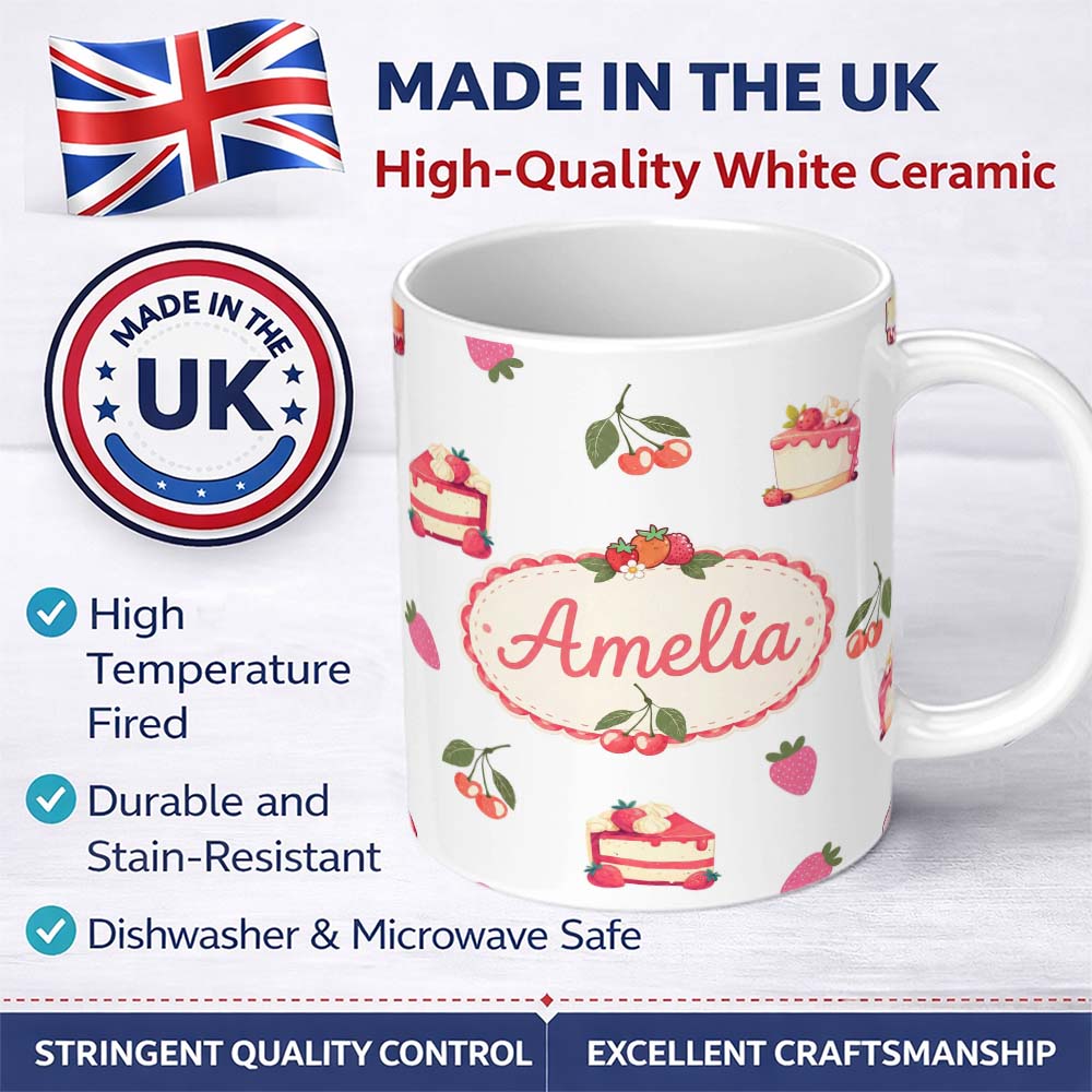 Personalized Custom Name Cute Strawberry Cake Cherry Dessert Seamless Pattern Light Grey 11oz Ceramic Coffee Tea Mug White Large Handle