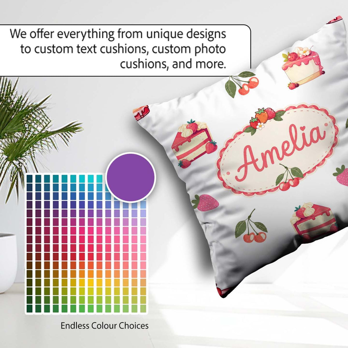 Custom Name Cute Cake Cherry Dessert Seamless Pattern Light Grey Square Filled Cushion Throw Pillow Sofa Bed Home Decor Zip Washable UK Made