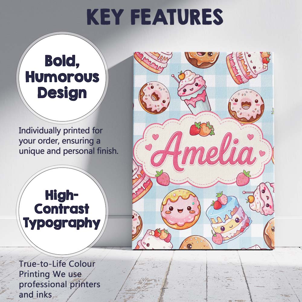 Personalised Name Kawaii Donut Cake Cupcake Custom Bespoke Interior Contemporary Canvas Wall Art Print Decor Picture Ready to Hang