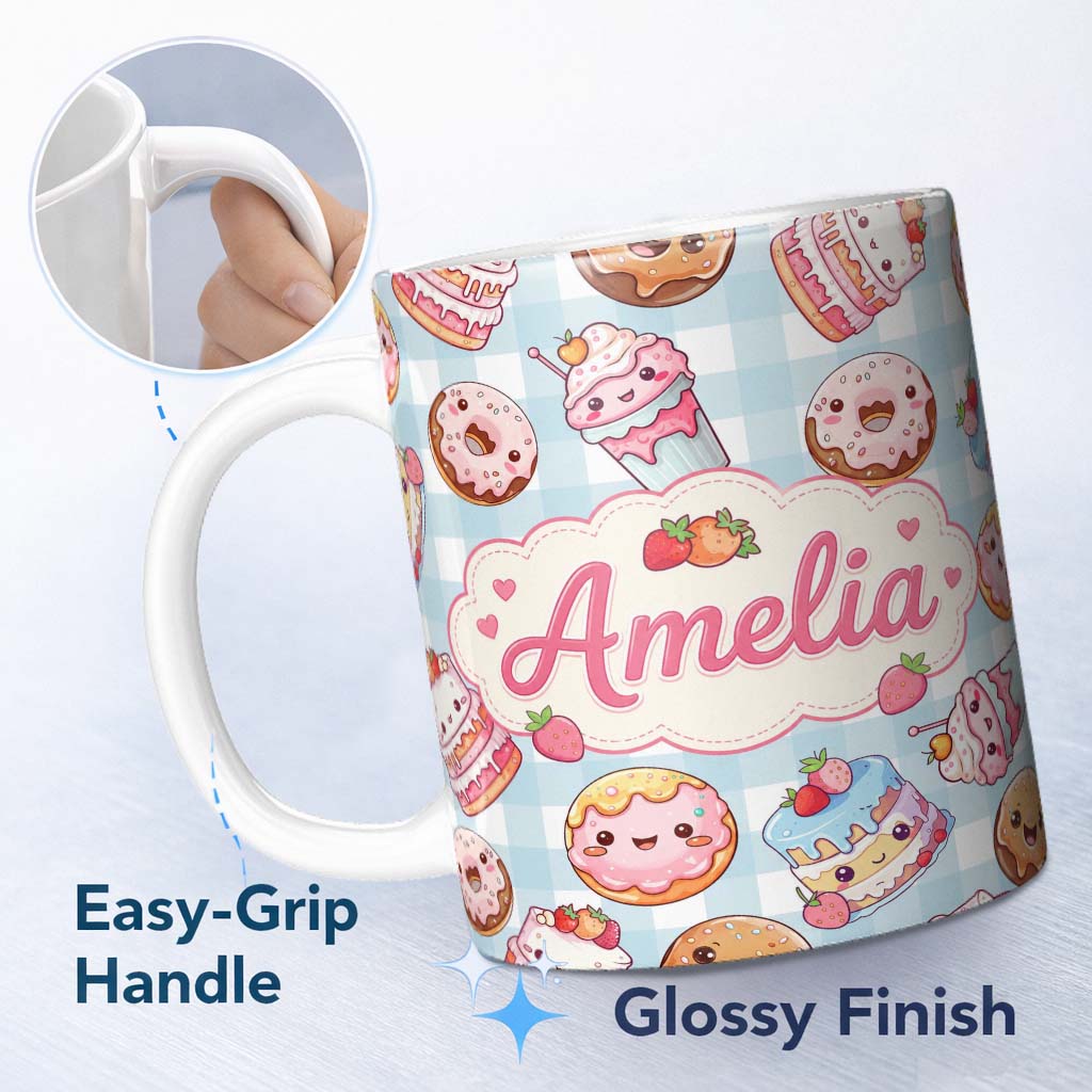 Personalized Custom Name Kawaii Donut Cake Cupcake Sweet Treat Seamless Pattern Blue Gingham 11oz Ceramic Coffee Tea Mug White Large Handle