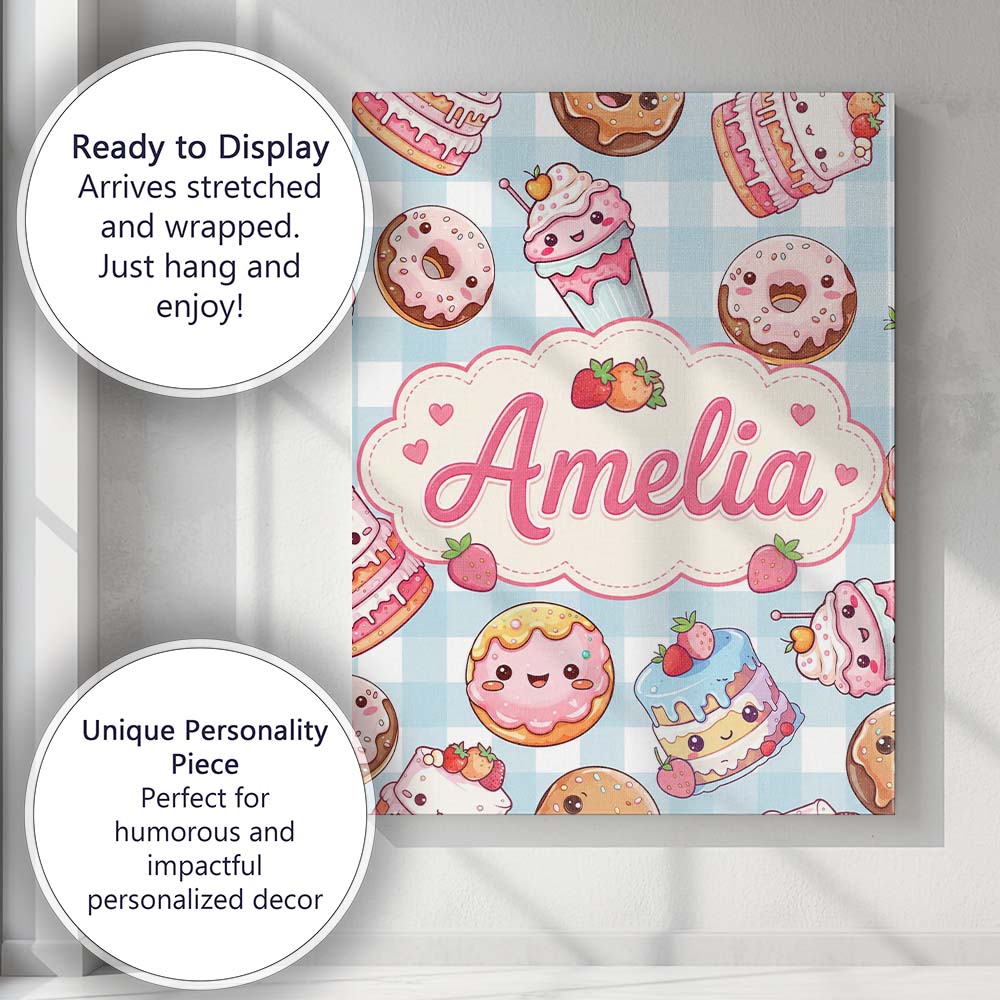 Personalised Name Kawaii Donut Cake Cupcake Custom Bespoke Interior Contemporary Canvas Wall Art Print Decor Picture Ready to Hang