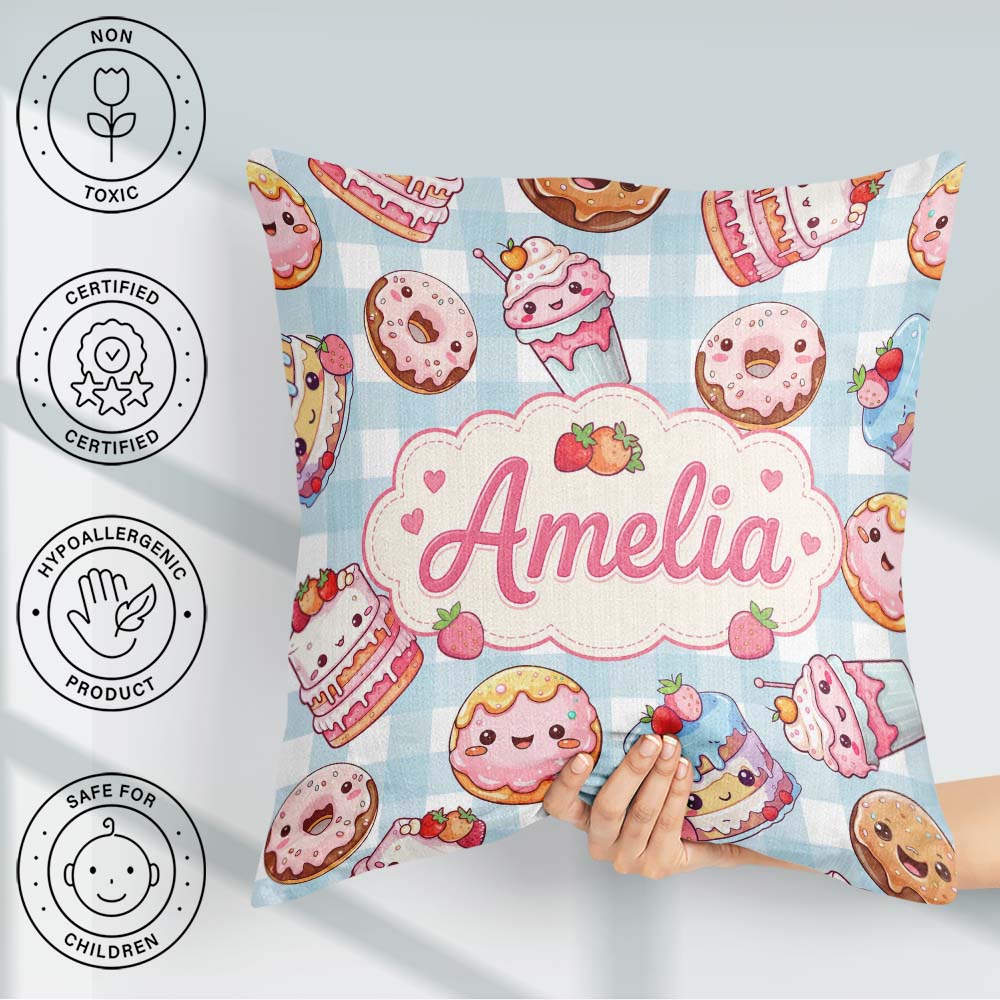 Custom Name Donut Cake Cupcake Sweet Treat Seamless Pattern Blue Square Filled Cushion Throw Pillow Sofa Bed Home Decor Zip Washable UK Made