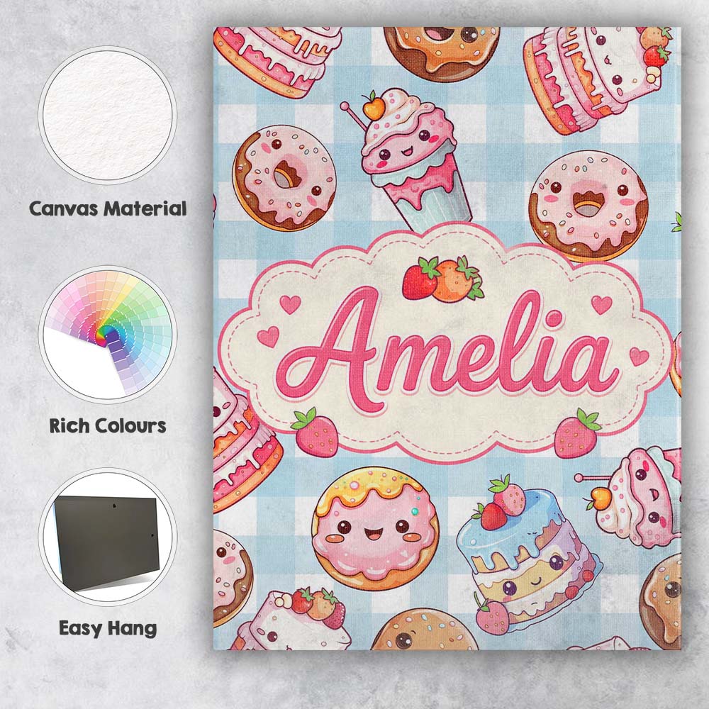 Personalised Name Kawaii Donut Cake Cupcake Custom Bespoke Interior Contemporary Canvas Wall Art Print Decor Picture Ready to Hang