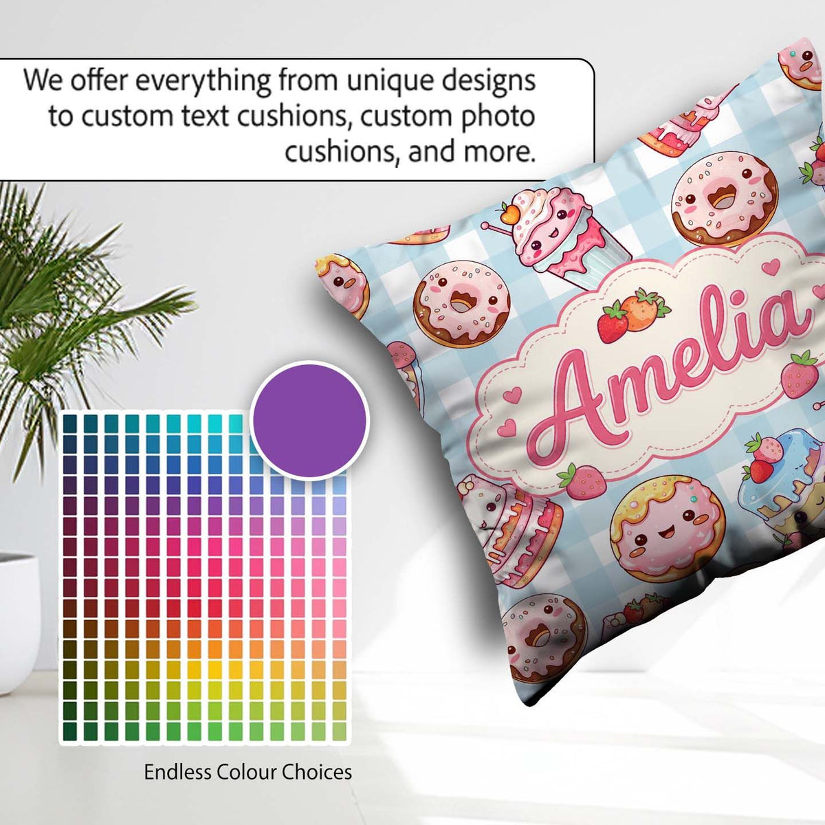 Custom Name Donut Cake Cupcake Sweet Treat Seamless Pattern Blue Square Filled Cushion Throw Pillow Sofa Bed Home Decor Zip Washable UK Made