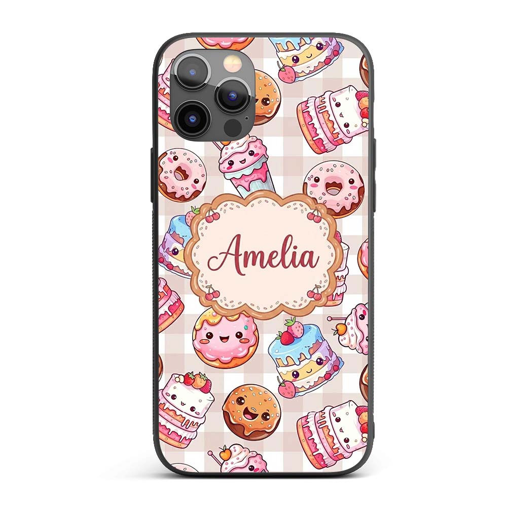 Kawaii Donut Cake Cupcake Sweet Treat Seamless Custom Name Protective Phone Case Mobile Cover Durable Everyday Smartphone Shock Resistant