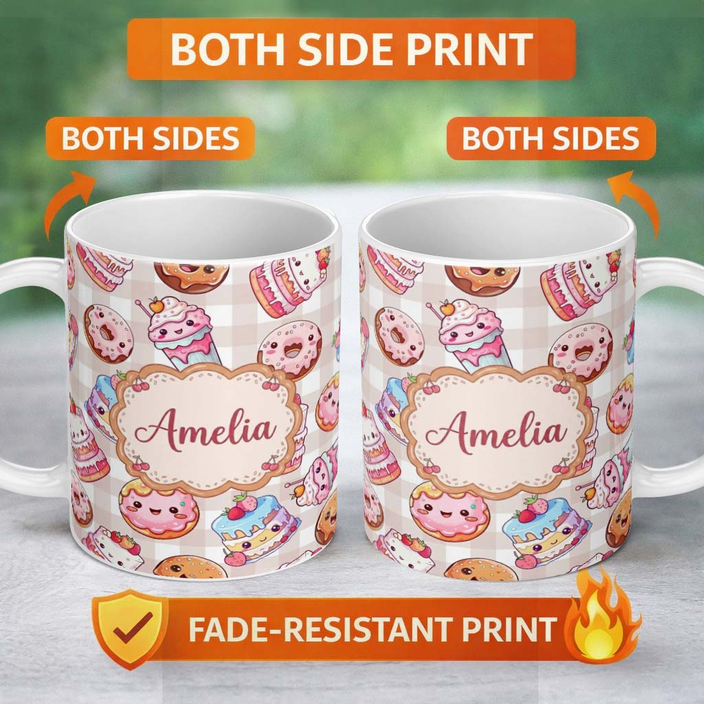 Personalized Custom Name Kawaii Donut Cake Cupcake Sweet Treat Seamless Pattern Beige 11oz Ceramic Coffee Tea Mug White Large Handle