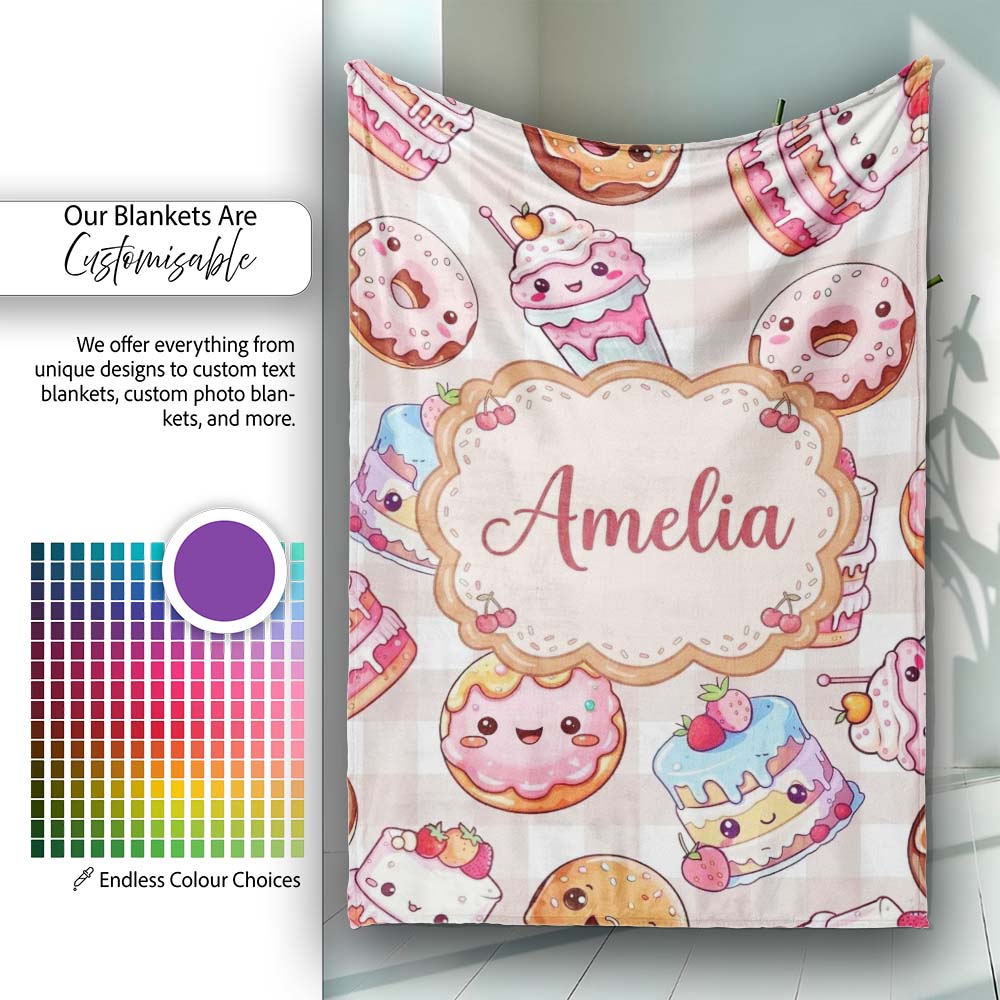 Kawaii Donut Cake Cupcake Sweet Treat Seamless Pattern Beige Personalised Custom Name Super Soft Fleece Blanket Bed Sofa Throw