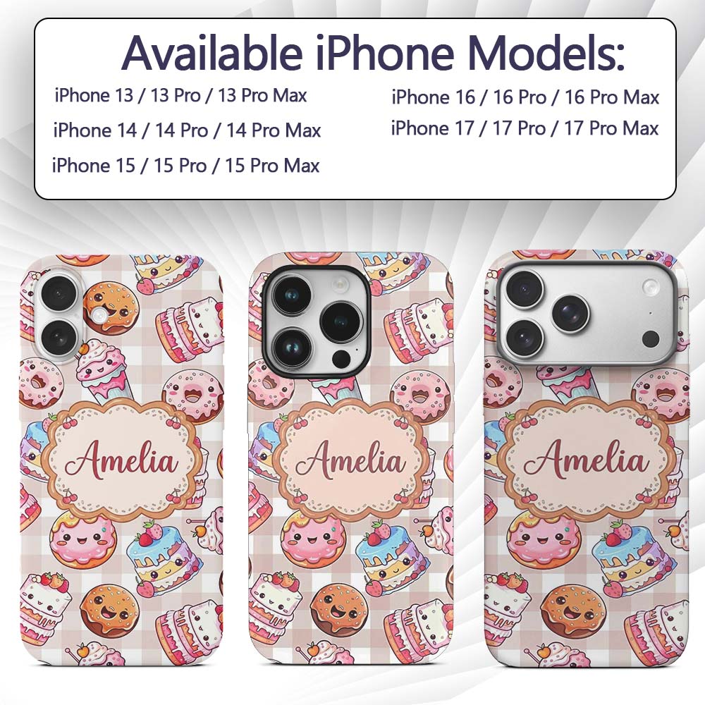 Kawaii Donut Cake Cupcake Sweet Treat Seamless Custom Name Protective Phone Case Mobile Cover Durable Everyday Smartphone Shock Resistant