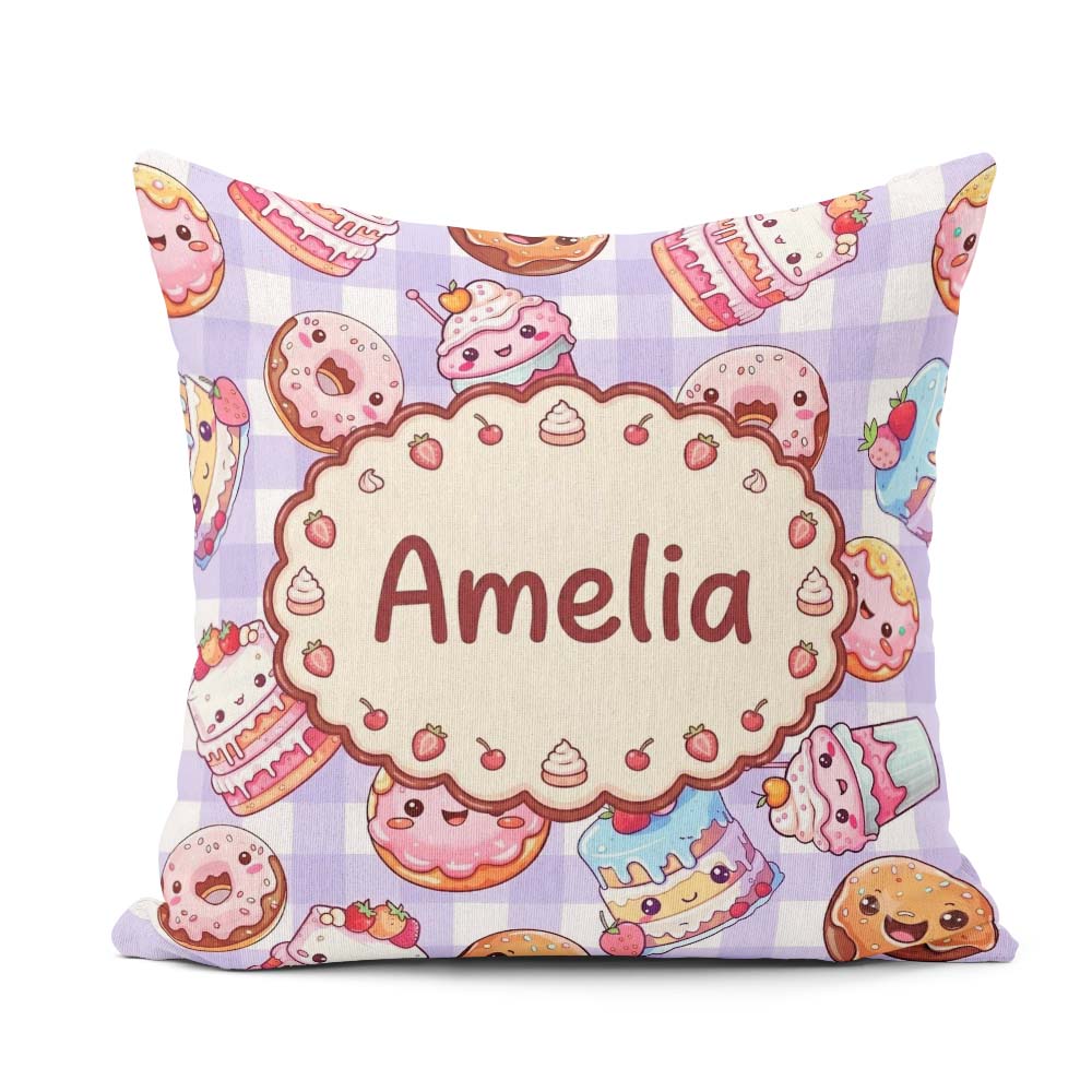 Custom Name Kawaii Donut Cupcake Dessert Seamless Pattern Purple Square Filled Cushion Throw Pillow Sofa Bed Home Decor Zip Washable UK Made