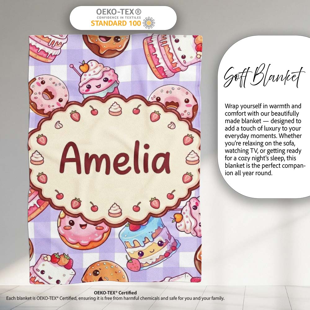 Kawaii Donut Cake Cupcake Sweet Dessert Seamless Pattern Purple Personalised Custom Name Super Soft Fleece Blanket Bed Sofa Throw