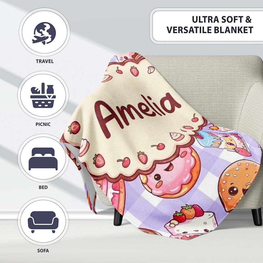 Kawaii Donut Cake Cupcake Sweet Dessert Seamless Pattern Purple Personalised Custom Name Super Soft Fleece Blanket Bed Sofa Throw