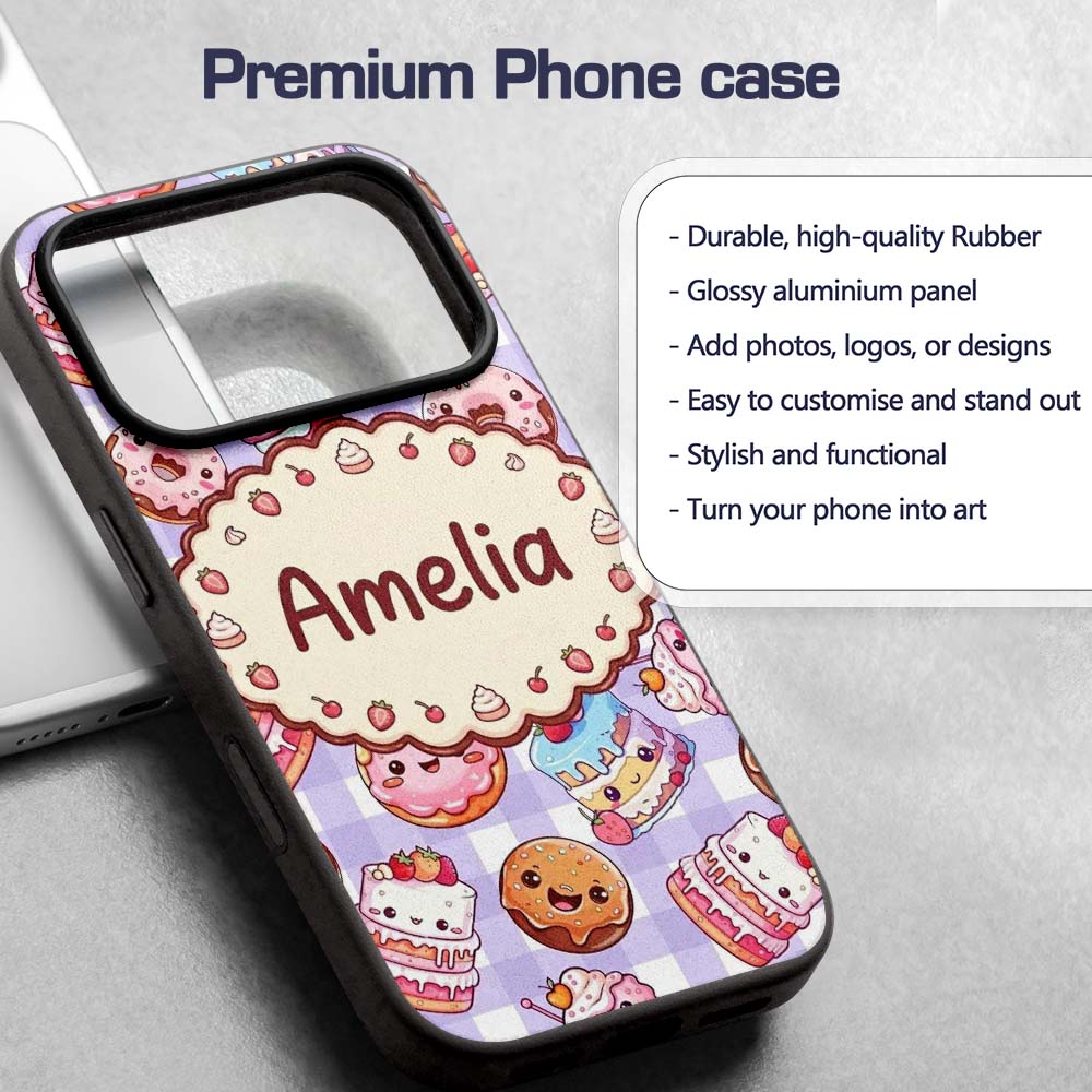 Kawaii Donut Cake Cupcake Sweet Dessert Seamless Custom Name Protective Phone Case Mobile Cover Durable Everyday Smartphone Shock Resistant