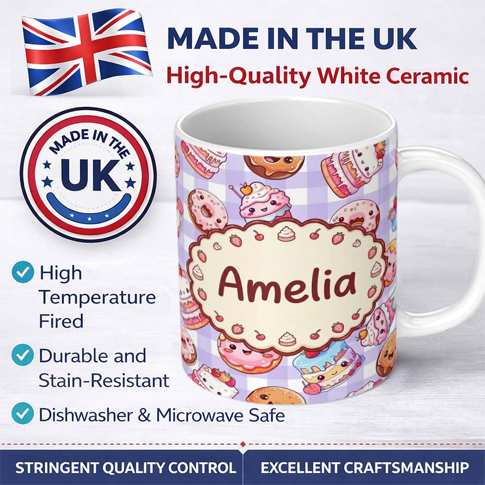 Personalized Custom Name Kawaii Donut Cake Cupcake Sweet Dessert Seamless Pattern Purple 11oz Ceramic Coffee Tea Mug White Large Handle