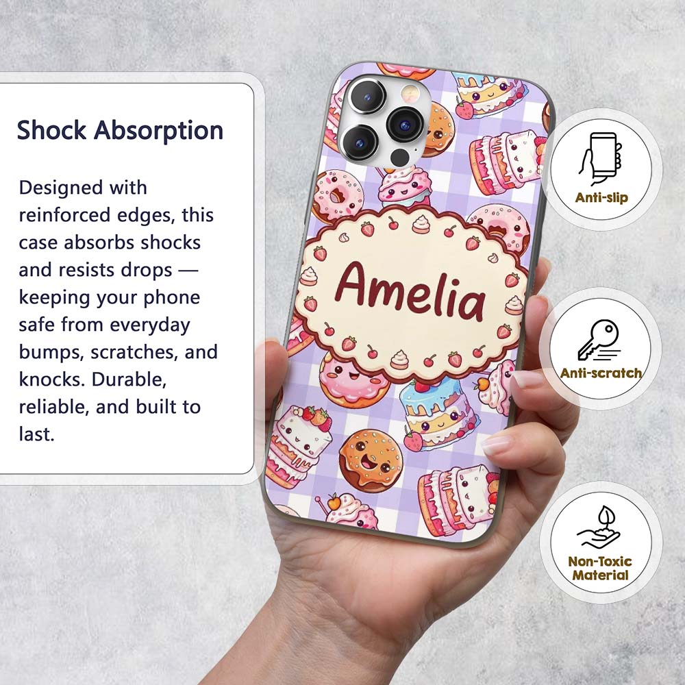 Kawaii Donut Cake Cupcake Sweet Dessert Seamless Custom Name Protective Phone Case Mobile Cover Durable Everyday Smartphone Shock Resistant