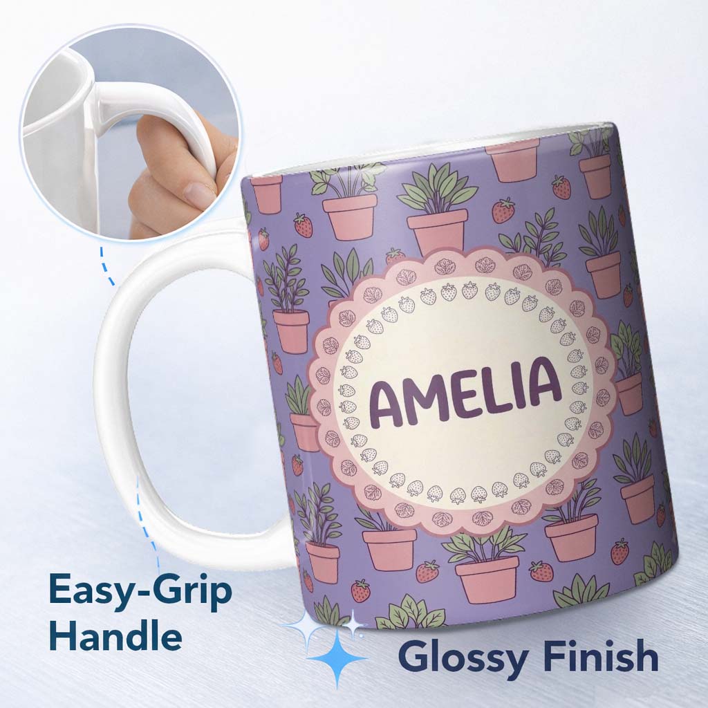 Personalized Custom Name Cute Pink Plant Pots Leaves Strawberry Seamless Pattern Lavender 11oz Ceramic Coffee Tea Mug White Large Handle
