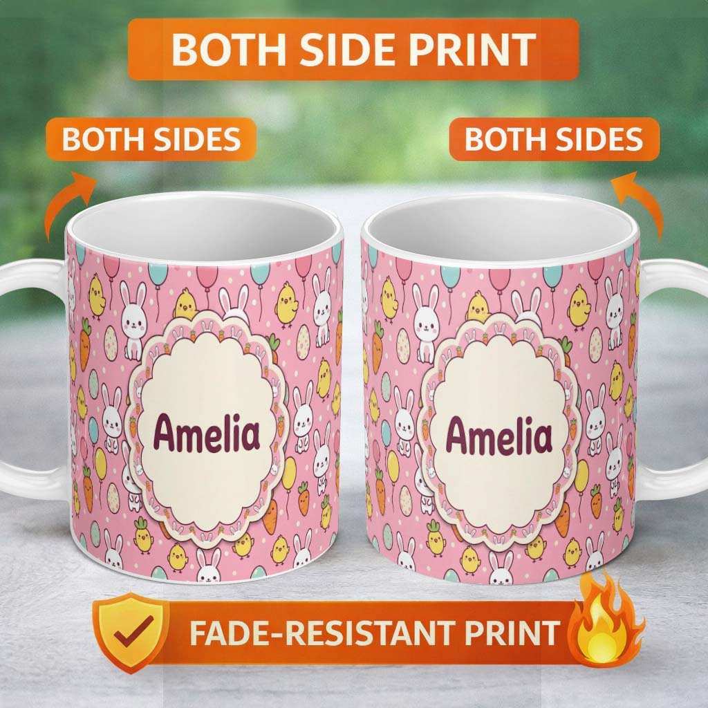 Personalized Custom Name Cute Easter Bunny Chick Carrots Eggs Polka Dot Pattern Rose Pink 11oz Ceramic Coffee Tea Mug White Large Handle