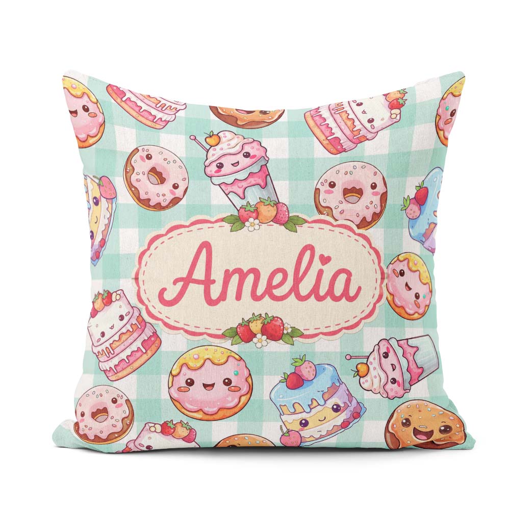 Custom Name Kawaii Donut Cake Cupcake Sweet Dessert Pattern Mint Square Filled Cushion Throw Pillow Sofa Bed Home Decor Zip Washable UK Made