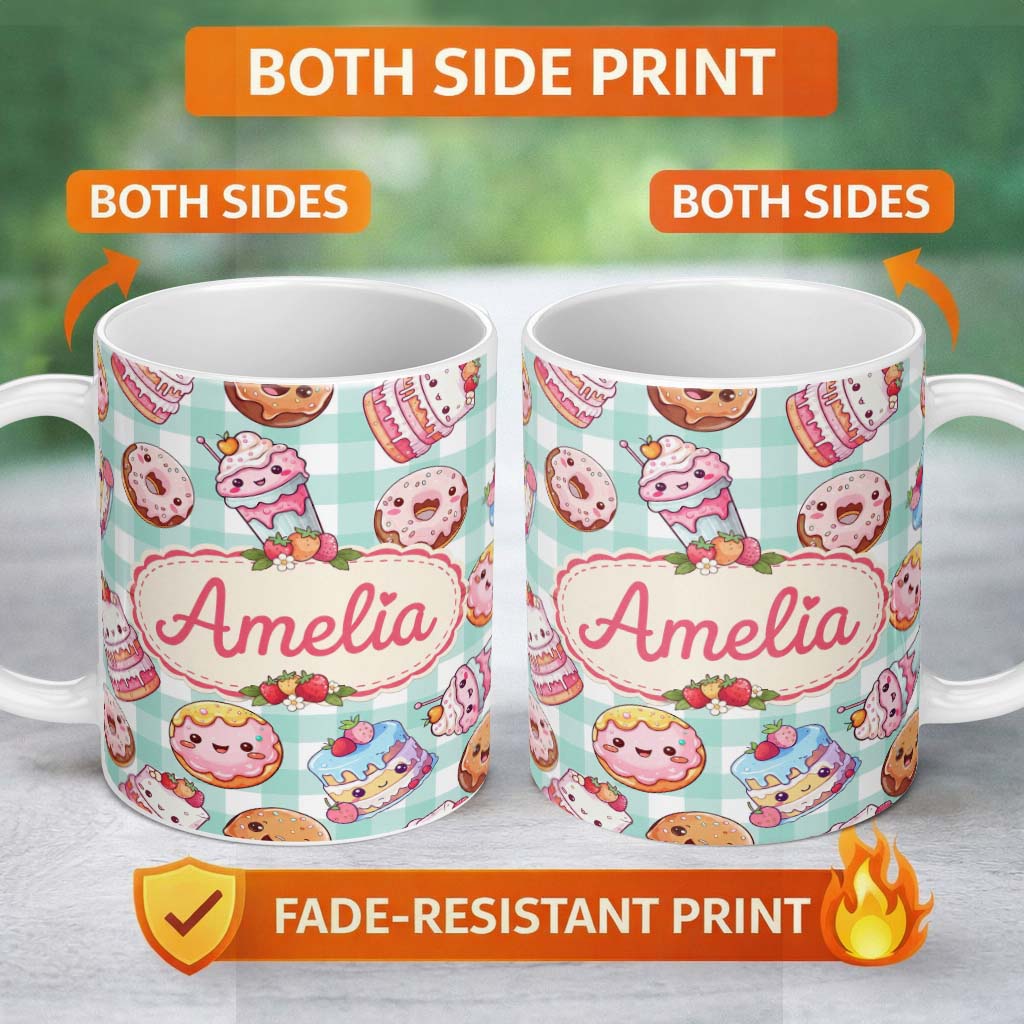 Personalized Custom Name Kawaii Donut Cake Cupcake Sweet Dessert Seamless Pattern Mint 11oz Ceramic Coffee Tea Mug White Large Handle