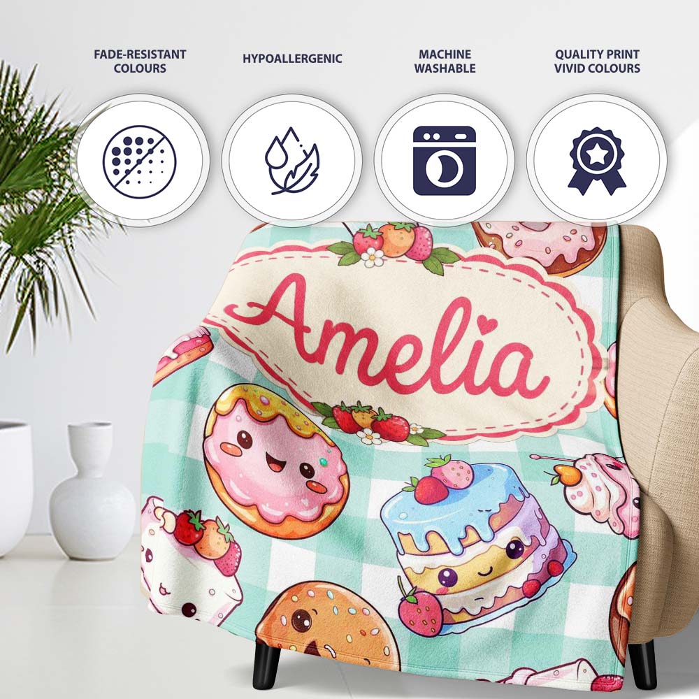 Kawaii Donut Cake Cupcake Sweet Dessert Seamless Pattern Mint Personalised Custom Name Super Soft Fleece Blanket Bed Sofa Throw