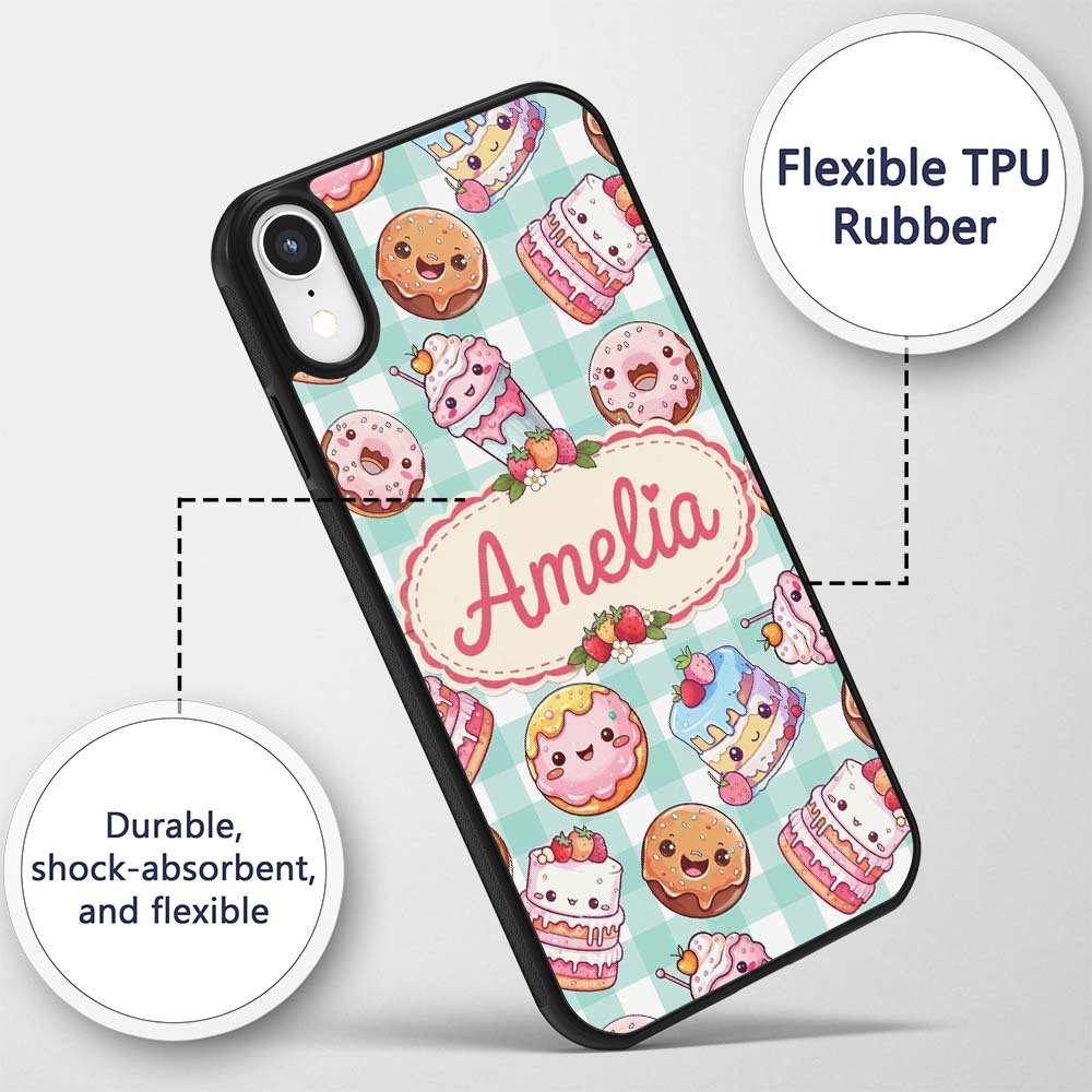 Kawaii Donut Cake Cupcake Sweet Dessert Seamless Custom Name Protective Phone Case Mobile Cover Durable Everyday Smartphone Shock Resistant
