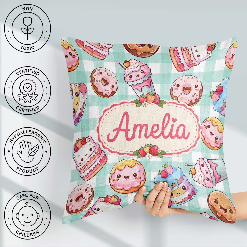Custom Name Kawaii Donut Cake Cupcake Sweet Dessert Pattern Mint Square Filled Cushion Throw Pillow Sofa Bed Home Decor Zip Washable UK Made