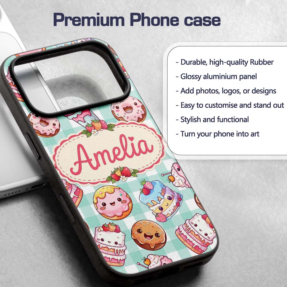 Kawaii Donut Cake Cupcake Sweet Dessert Seamless Custom Name Protective Phone Case Mobile Cover Durable Everyday Smartphone Shock Resistant