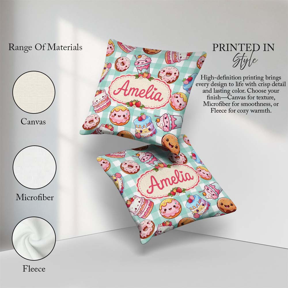 Custom Name Kawaii Donut Cake Cupcake Sweet Dessert Pattern Mint Square Filled Cushion Throw Pillow Sofa Bed Home Decor Zip Washable UK Made