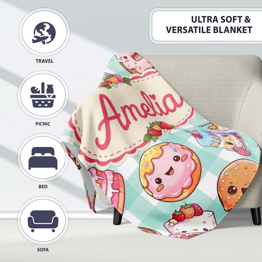 Kawaii Donut Cake Cupcake Sweet Dessert Seamless Pattern Mint Personalised Custom Name Super Soft Fleece Blanket Bed Sofa Throw