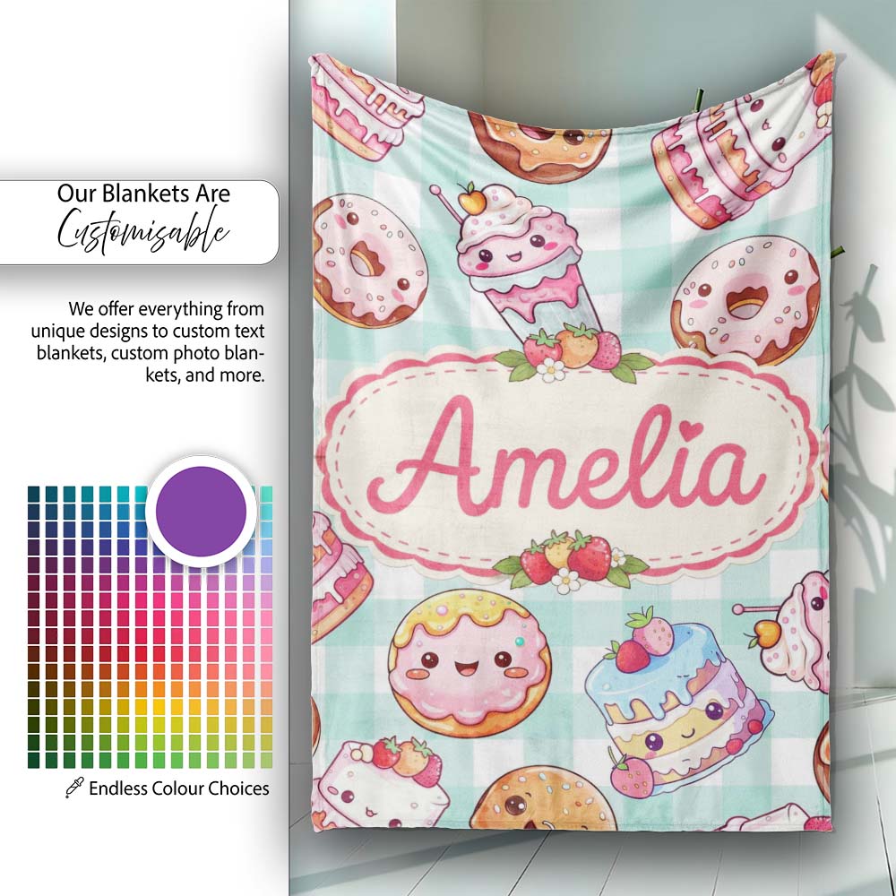 Kawaii Donut Cake Cupcake Sweet Dessert Seamless Pattern Mint Personalised Custom Name Super Soft Fleece Blanket Bed Sofa Throw
