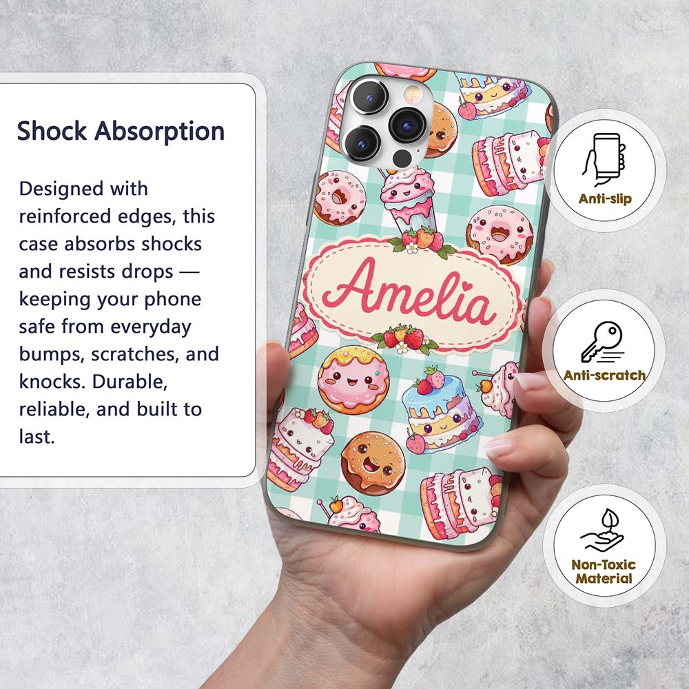 Kawaii Donut Cake Cupcake Sweet Dessert Seamless Custom Name Protective Phone Case Mobile Cover Durable Everyday Smartphone Shock Resistant