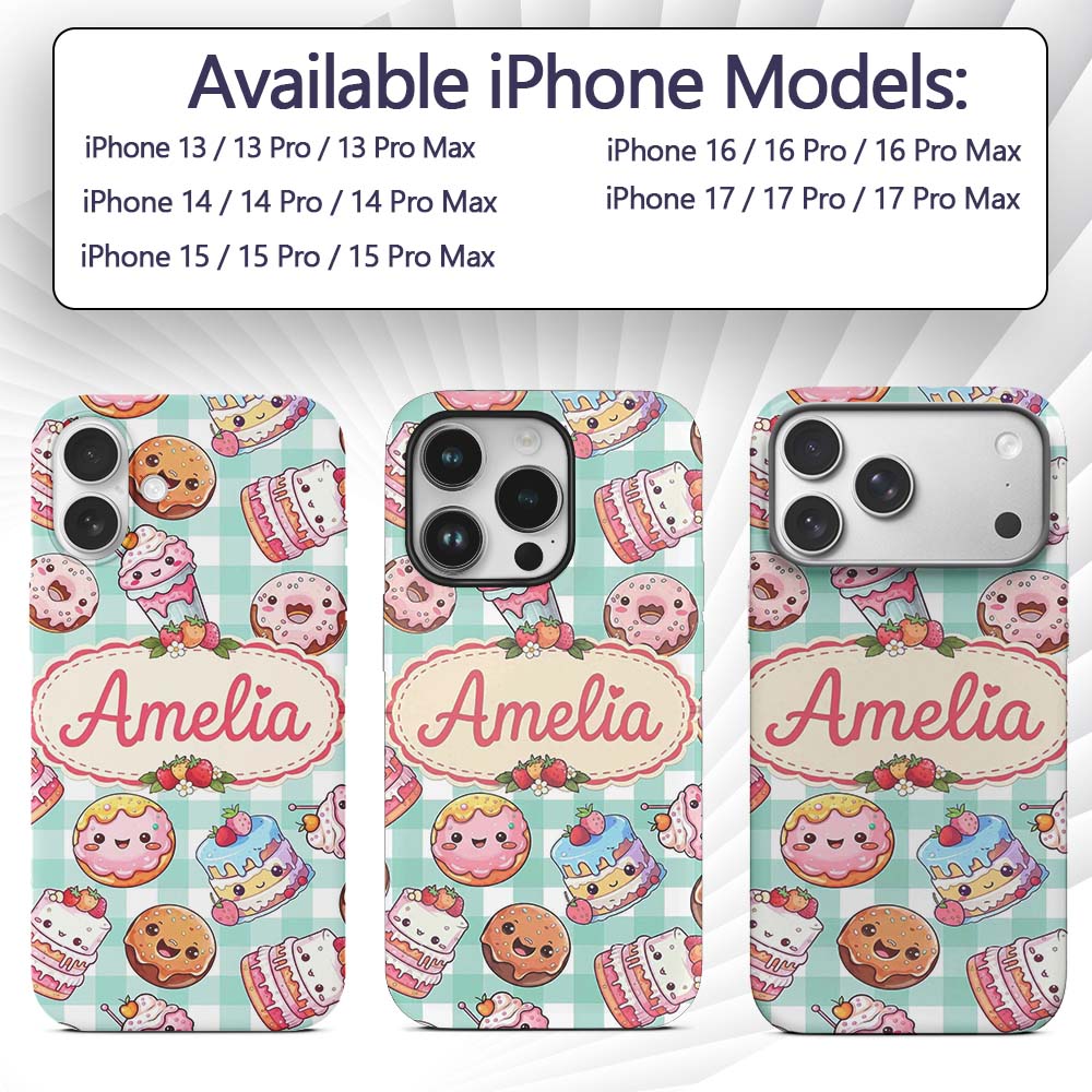 Kawaii Donut Cake Cupcake Sweet Dessert Seamless Custom Name Protective Phone Case Mobile Cover Durable Everyday Smartphone Shock Resistant