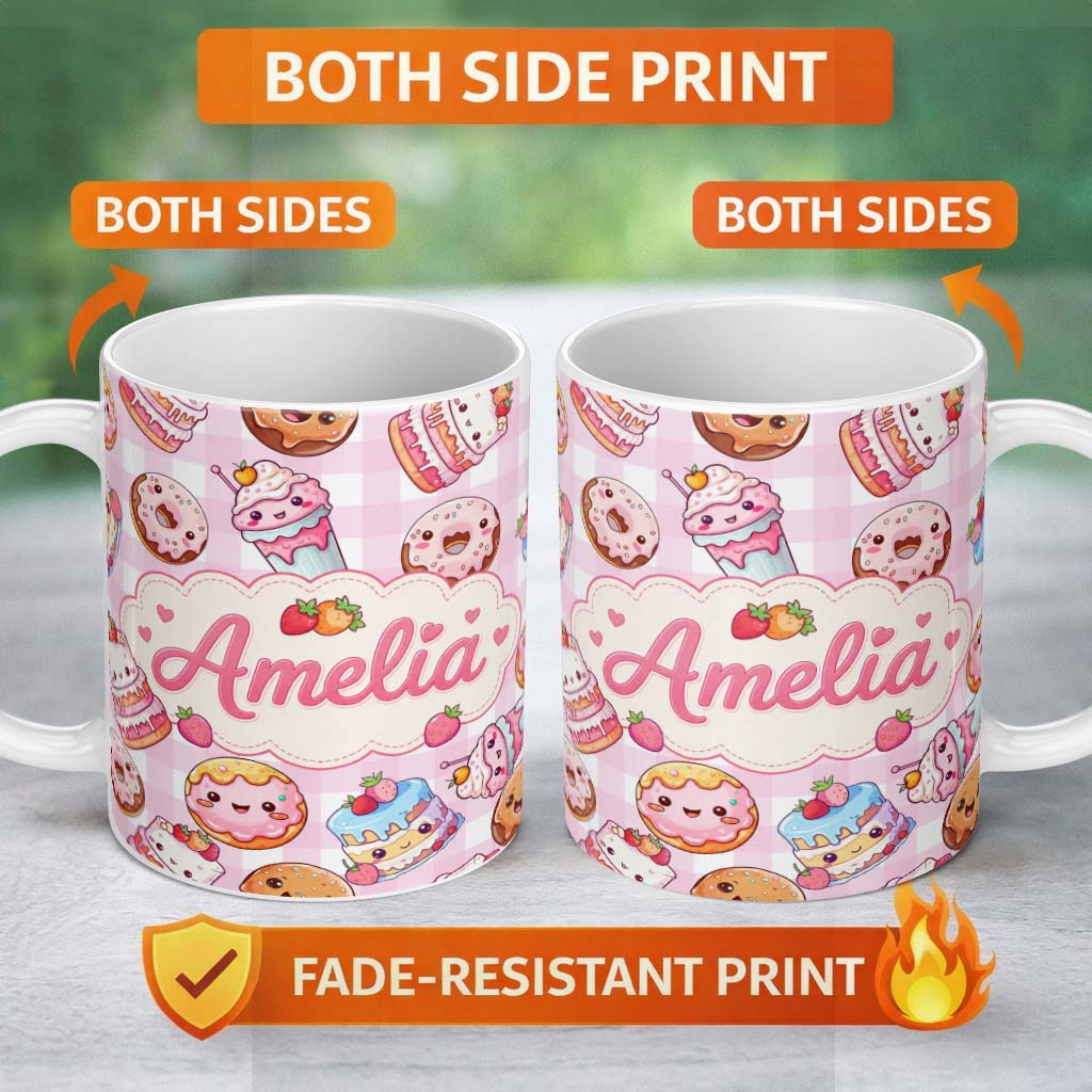 Personalized Custom Name Kawaii Donut Cake Cupcake Sweet Dessert Seamless Pattern Pink 11oz Ceramic Coffee Tea Mug White Large Handle