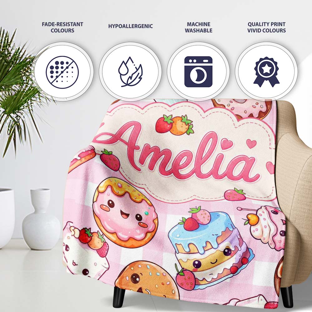 Kawaii Donut Cake Cupcake Sweet Dessert Seamless Pattern Pink Personalised Custom Name Super Soft Fleece Blanket Bed Sofa Throw