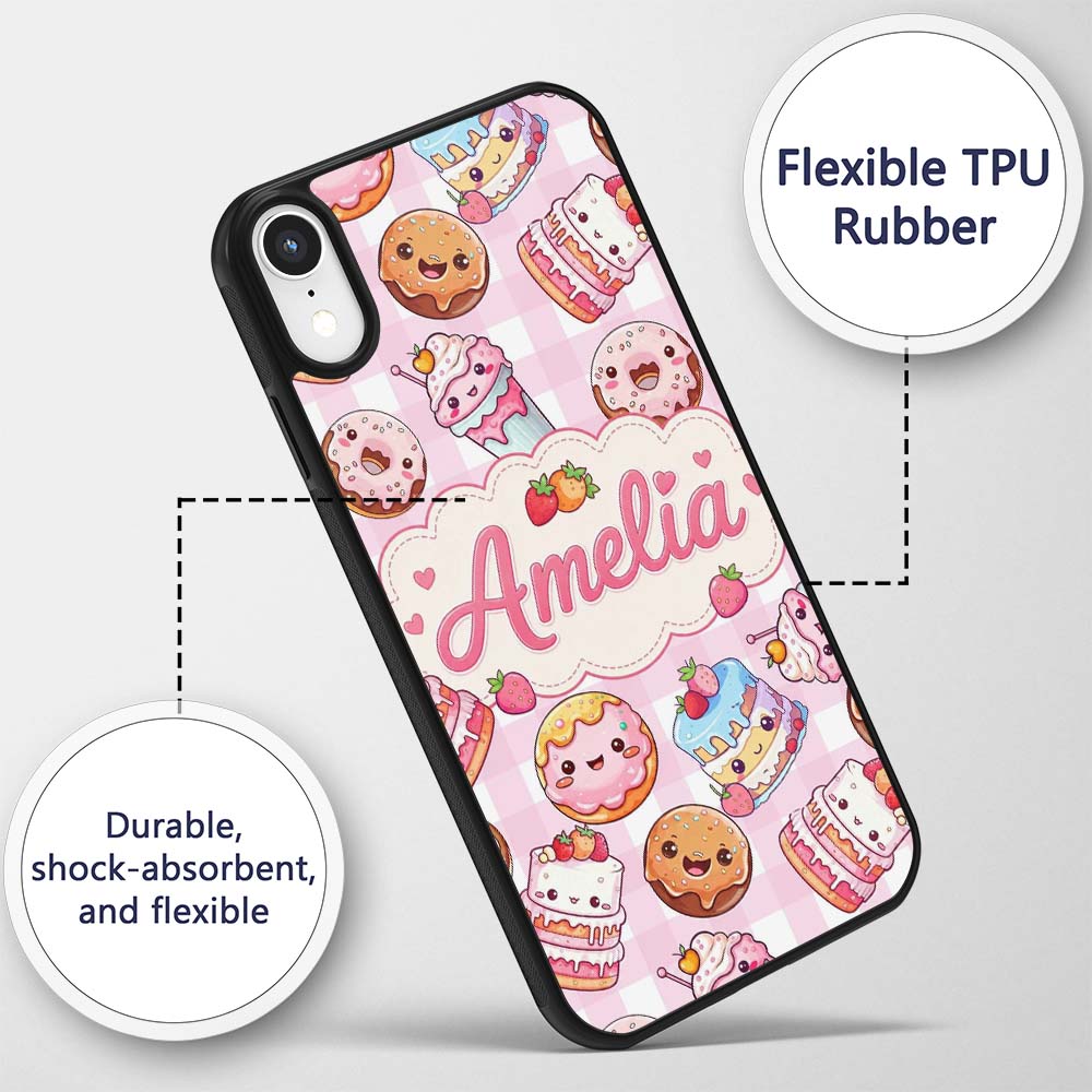 Kawaii Donut Cake Cupcake Sweet Dessert Seamless Custom Name Protective Phone Case Mobile Cover Durable Everyday Smartphone Shock Resistant