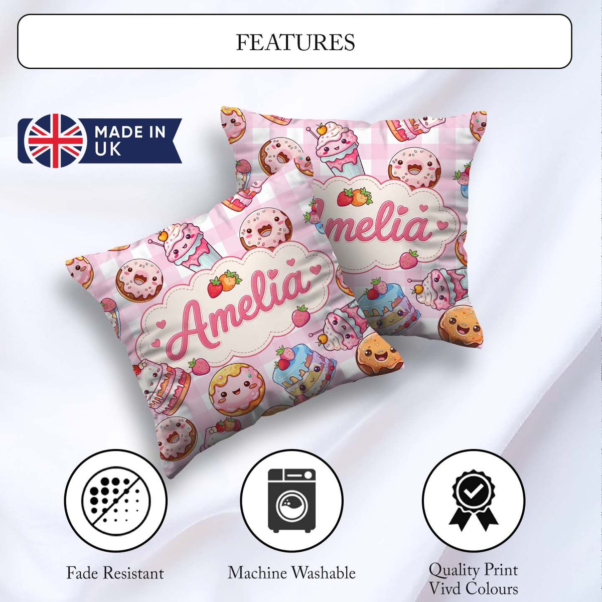 Custom Name Kawaii Donut Cake Cupcake Sweet Dessert Pattern Pink Square Filled Cushion Throw Pillow Sofa Bed Home Decor Zip Washable UK Made